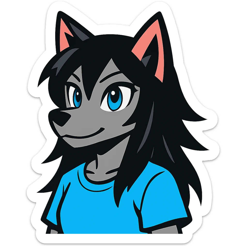 anime style wolf furry character with blue eyes, long black hair, wearing a light blue shirt sticker