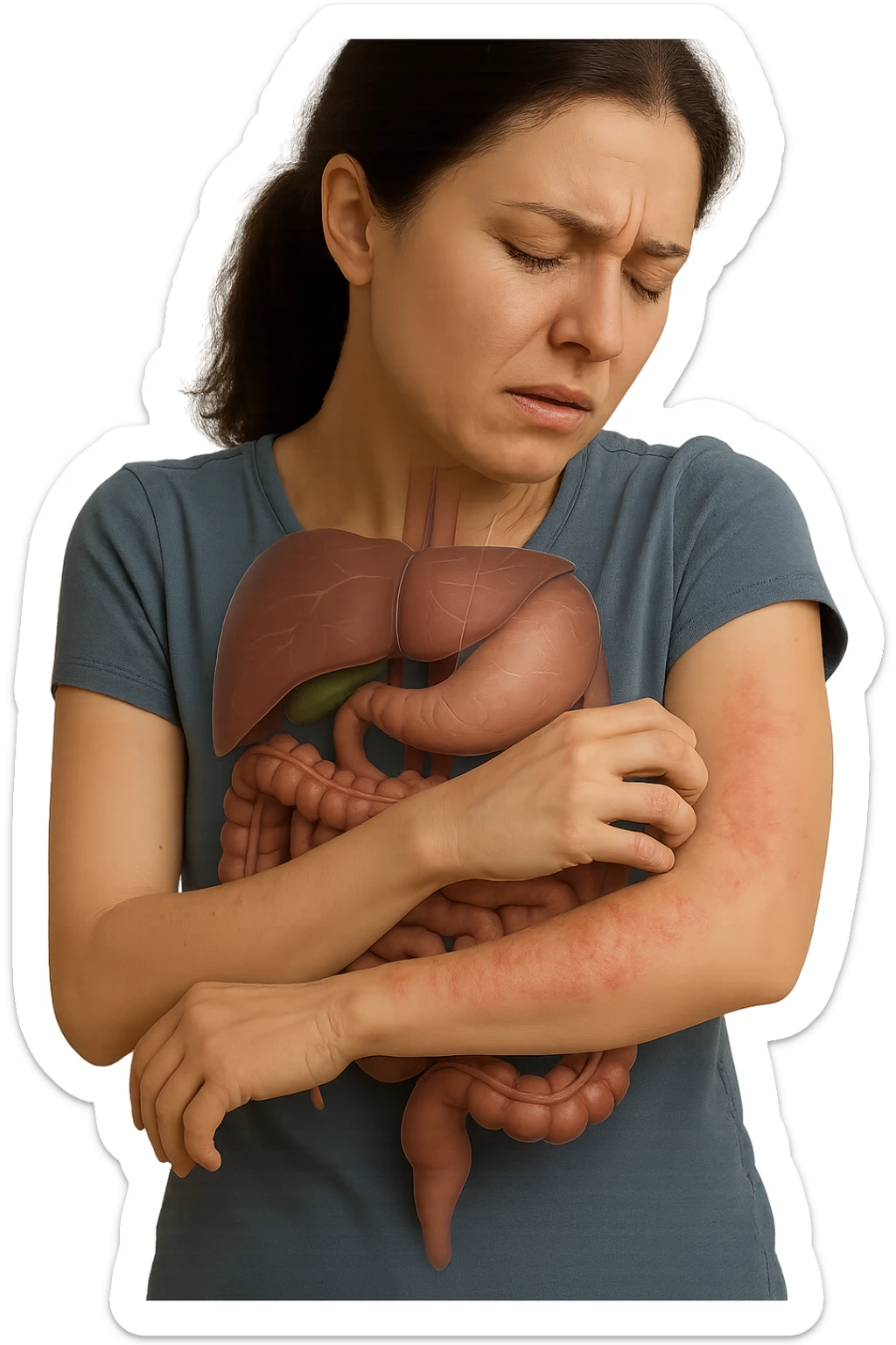 donna con intestino umano anatomico realistico che si gratta il braccio su cui ha un'eritema, iperrealistica 4k sticker