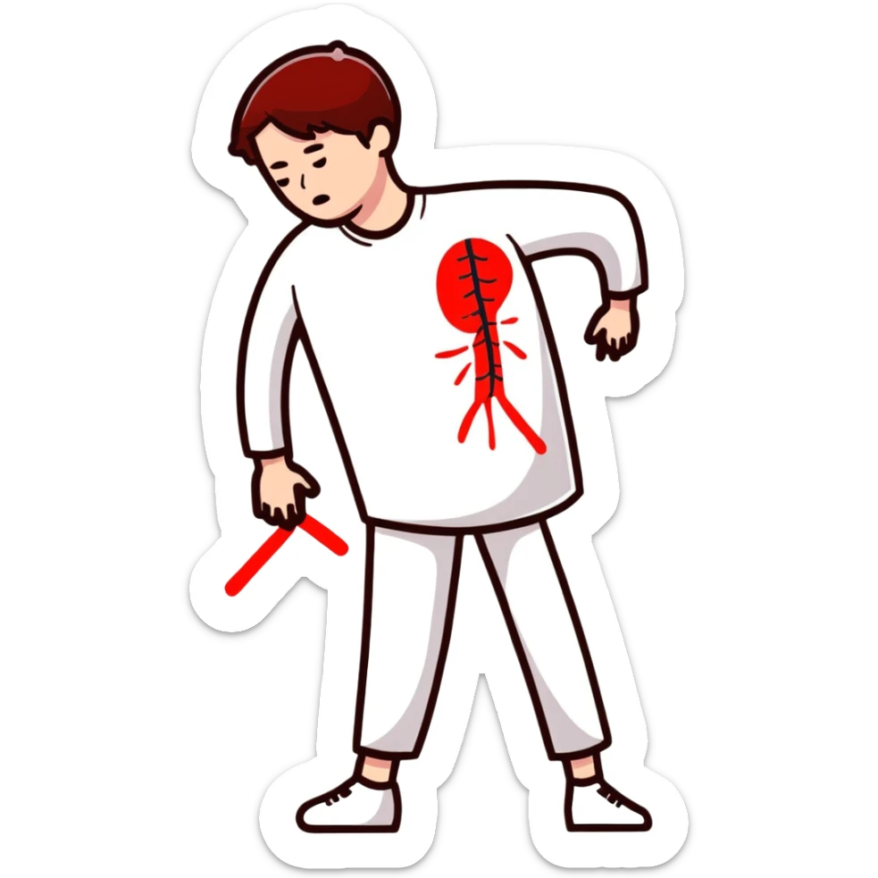 cartoon of a person with a headache, exaggerated pain, red marks sticker