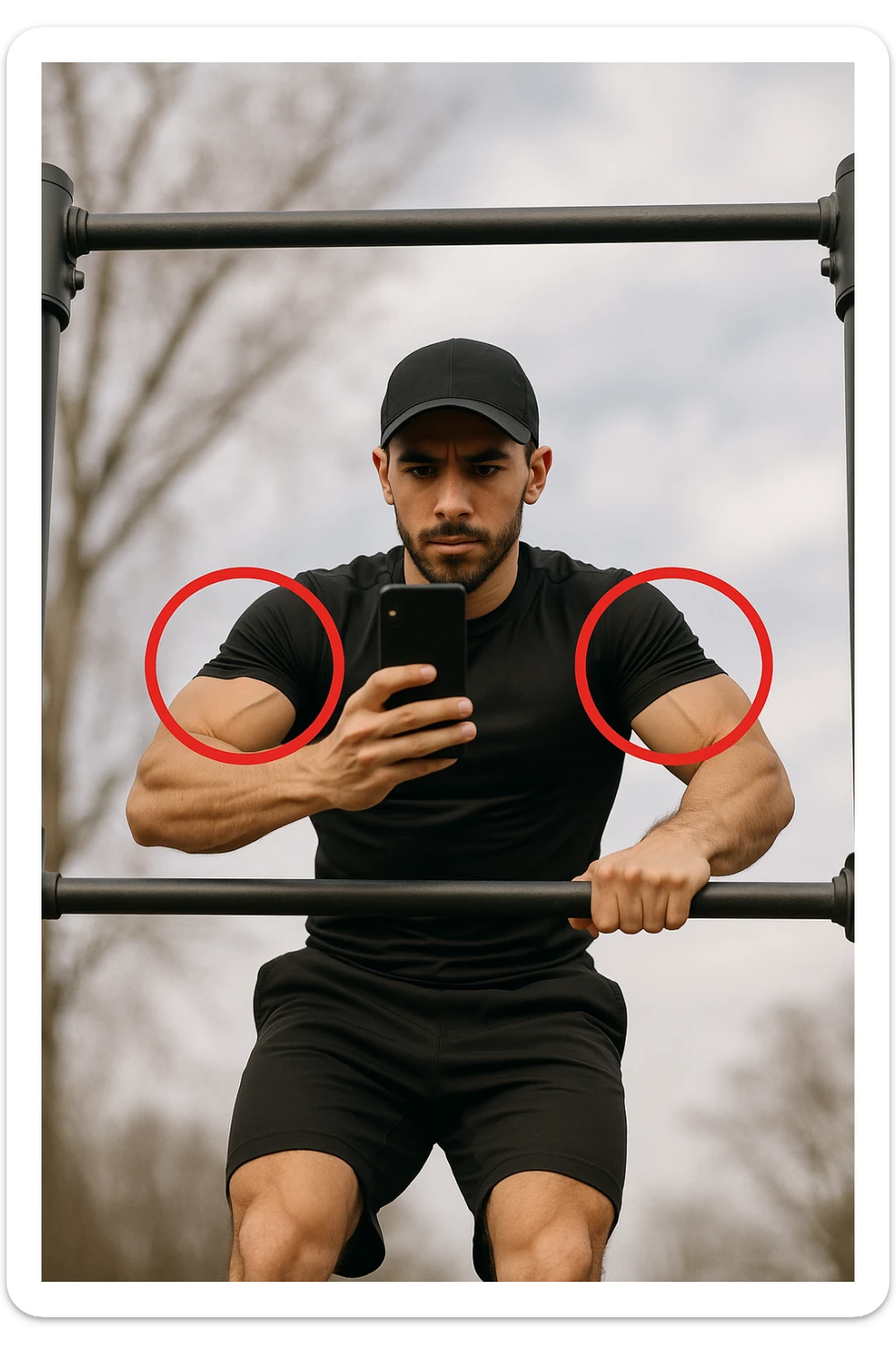 uomo che fa Muscle up e si sta filmando davanti con il telefonino per vedere la sua posizione dei gomiti e delle mani sulla sbarra, fai dei cerchi per indicara i gomiti sticker