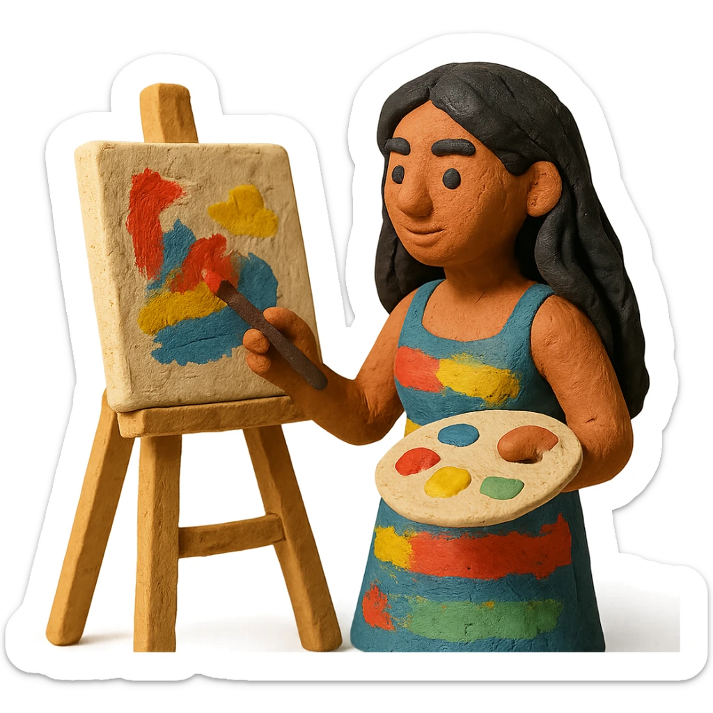 tanned woman artist with long black hair, wearing a colorful dress, painting at an easel, holding a palette and brush, claymation style sticker