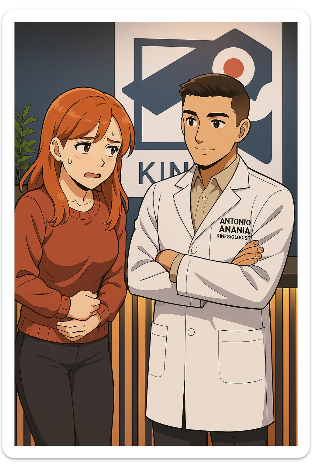 su questo stile fai un manga/webtoon a colori in cui una donna incuriosita fa una DOMANDA ALL'UOMO, l'uomo della foto in stile manga LE risponde, mantieni un ambiente simile alla foto che ho allegato con il suo logo (sarebbe il suo studio, lui è un kinesiologo), scrivigli "ANTONIO ANANIA" sul camice bianco, non mettere fumetti, ma fai in modo che sembri che la donna CHIEDA curiosa E L'UOMO le risponda sticker