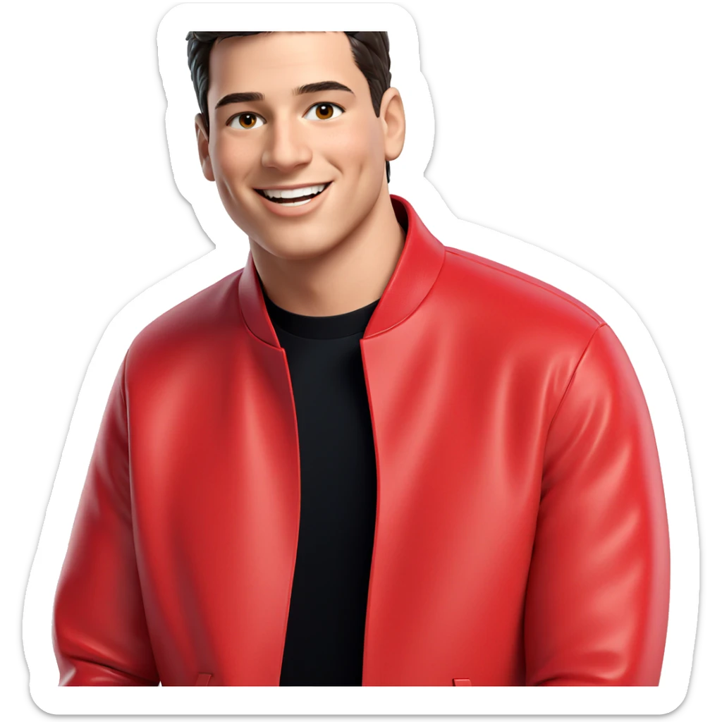 smiling boy in red jacket sticker