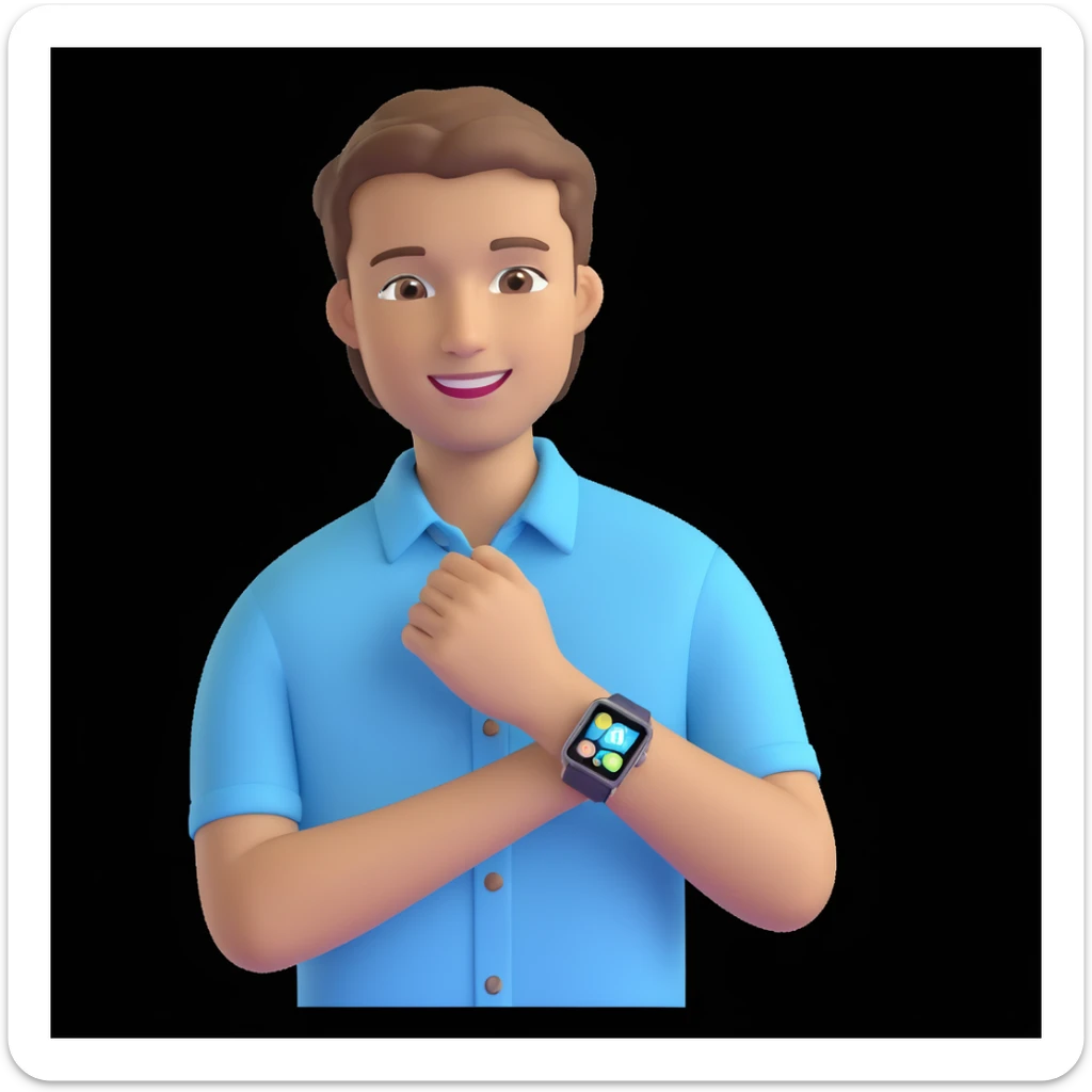 apple-style 3D emoji avatar of a fair, handsome young man with light brown hair, brown eyes, bright smile, wearing pastel blue button-up shirt, smartwatch, creative tech-savvy vibe, dark background sticker