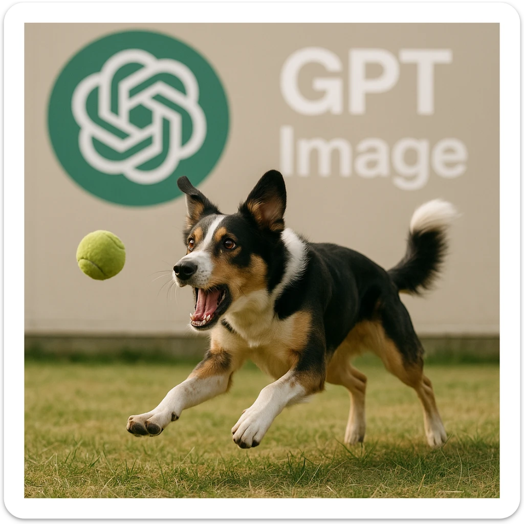  logo of chat gpt with text "GPT Image" on the background of a dog chasing ball, realistic image sticker