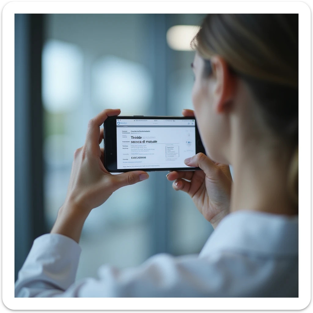 hyperrealistic 4K image of a woman photographing a medical prescription with a smartphone, the text 'Tiroide secca di maiale' clearly visible on the screen, modern clinical environment sticker
