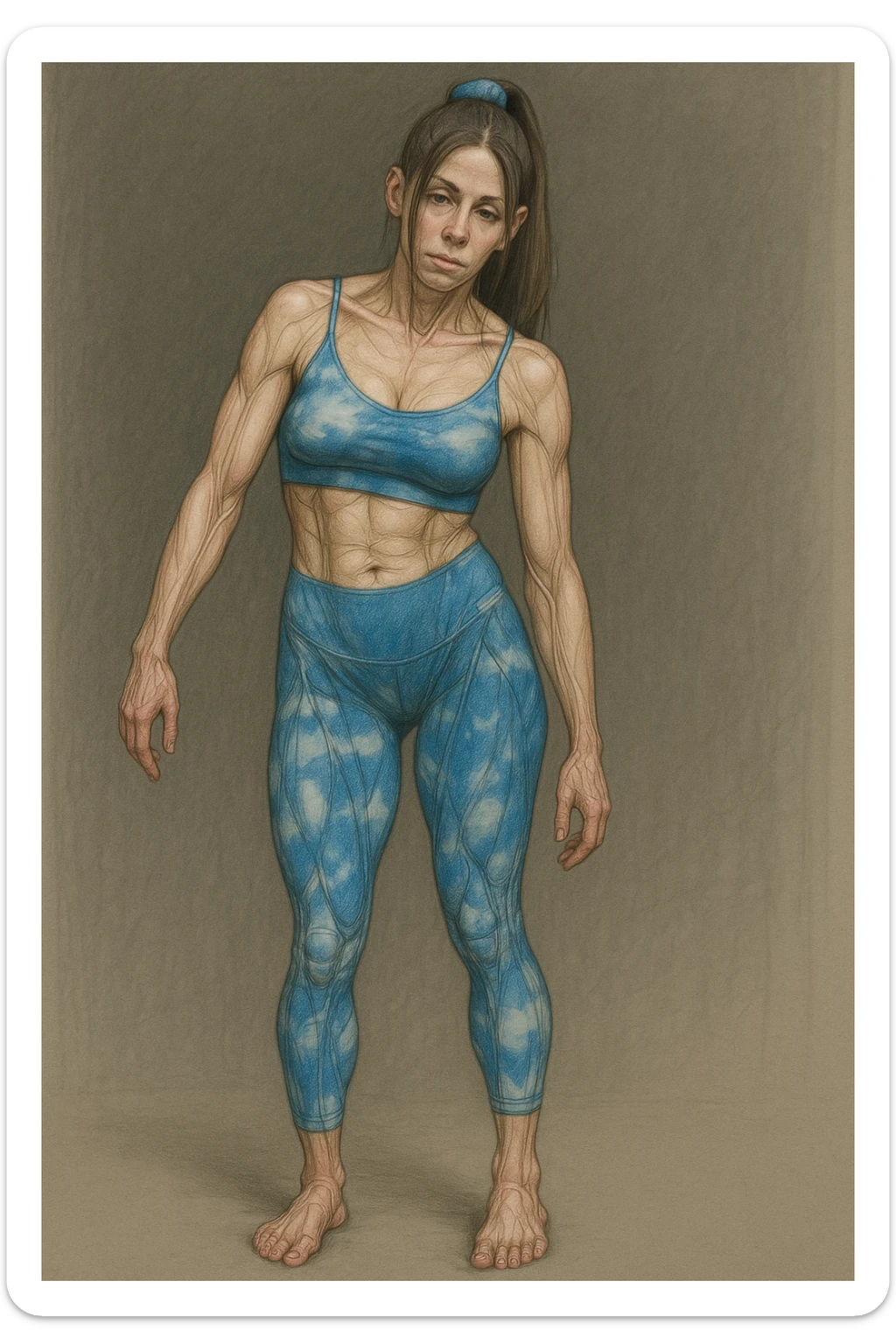 Realistic style illustration of a woman in sportswear with an asymmetric posture showing evident postural problems. The anatomy is clearly visible with muscles and joints emphasized. The background is neutral and the format is vertical, inspired by the reference photo. sticker