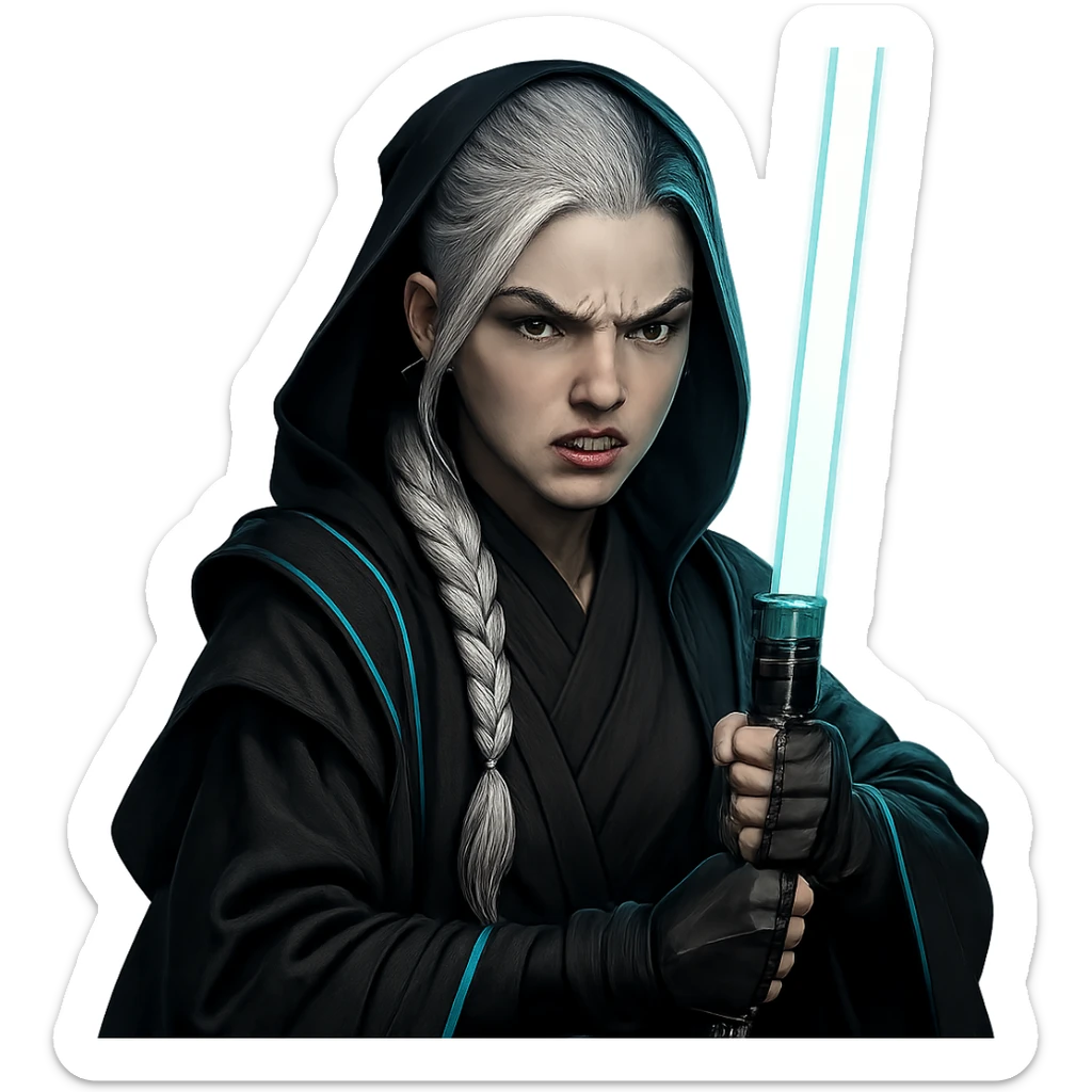  a closeup portrait of young woman with gold yellow eyes, white hair, long braid, black off-shoulder top, punk gothic style, futuristic cyberwave cyberpunk,  jedi attire and posture robes of a padawan, foreweilding a bright blue-green lightsaber, angry fierce face expression, power stance, 30-90 sticker