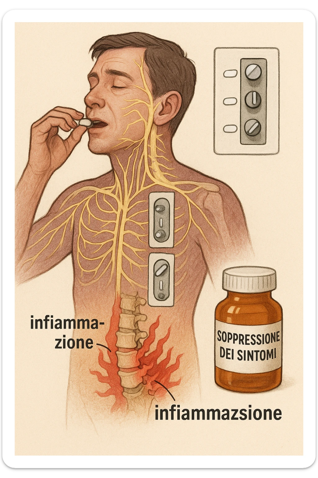 Man taking pain medication for chronic back pain, pills shown as dimmer switches turning down pain signals in transparent nervous system overlay, underlying spinal damage remaining completely untreated and worsening, expression of temporary relief masking progressive deterioration, medication bottle labeled 'symptom suppression' not 'cure', root cause inflammation continuing to spread in italiano sticker