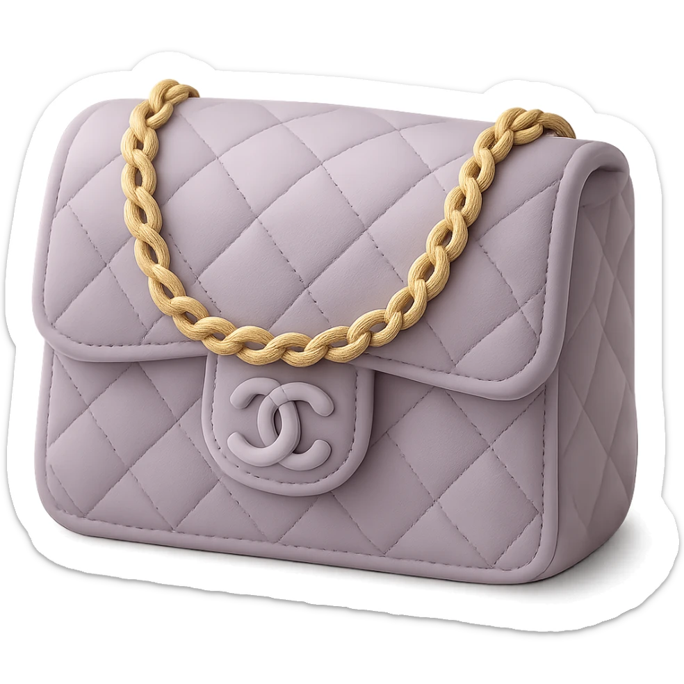 Chanel quilted purse cake in fondant cake art style, pastel lavender with gold chain, luxury style sticker