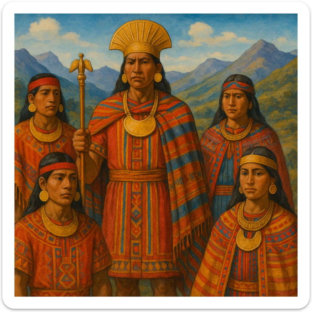 pre-Columbian Muisca tribe, traditional clothing, indigenous people, Andean setting, gold ornaments, historical, vibrant colors sticker