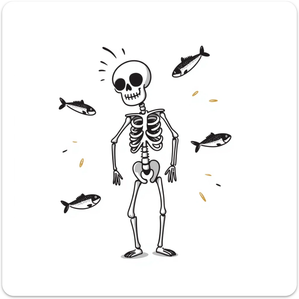 Ethereal skeleton in firm posture with floating sardines, bright yogurt, and golden sesame seeds around it, white light threads connecting the foods to the bones sticker