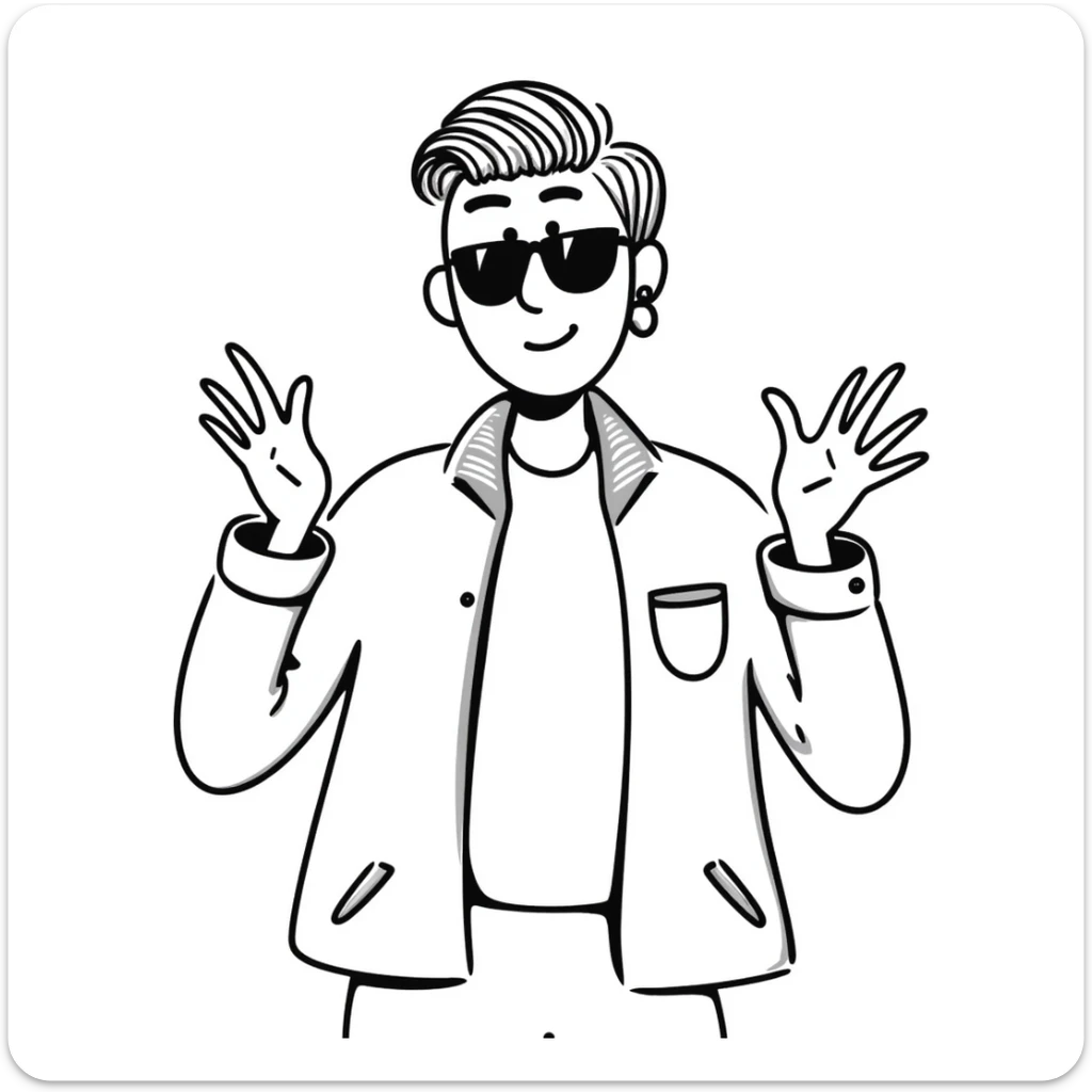 A 30-year-old Latino male with a piercing in one ear, wearing sunglasses, with short David Beckham style haircut, shrugging his shoulders with raised hands in a carefree "whatever, I'm good" gesture. He's smiling confidently while wearing a t-shirt with a light jacket sticker