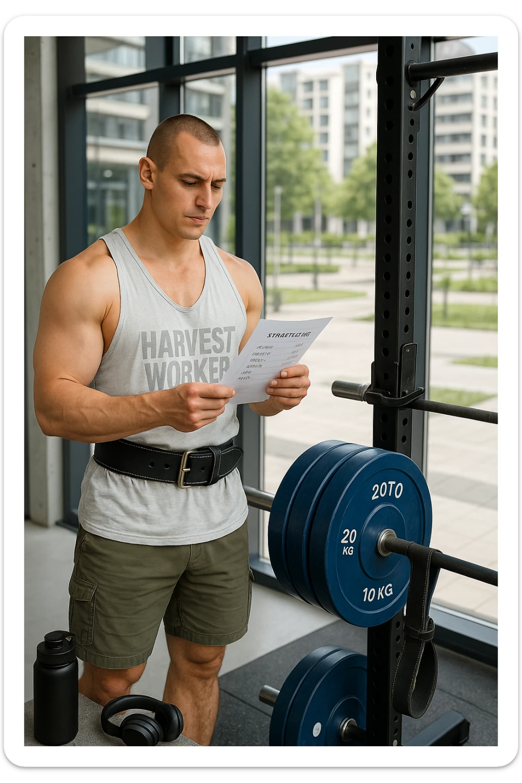 un uomo prepara con cura il suo set di pesi e la cintura per streetlifting, controllando una lista di esercizi e ripetizioni scritta su un foglio. Accanto a lui, una borraccia e delle cuffie. L’espressione è serena e sicura, a sottolineare l’importanza della programmazione per un allenamento efficace. Lo sfondo è un’area fitness urbana, pulita e ben attrezzata. sticker