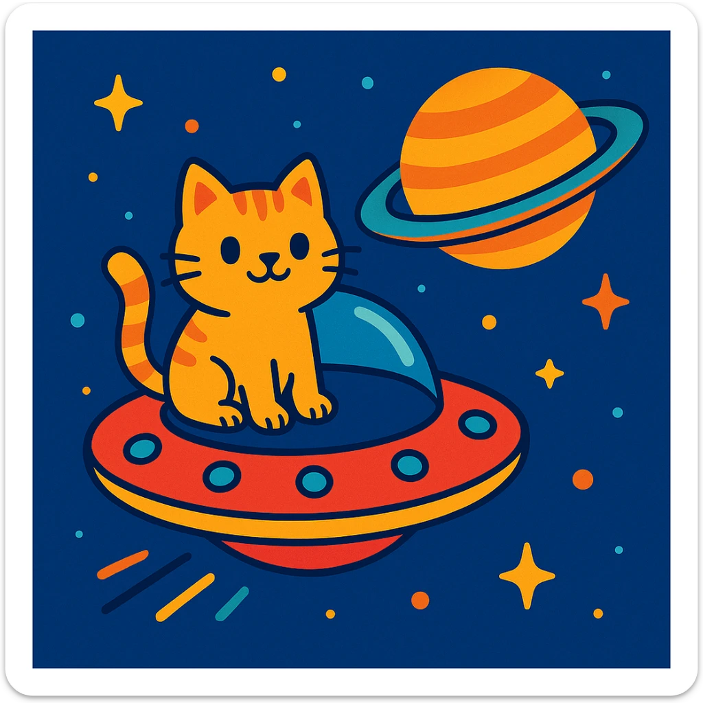 a cat sitting on a UFO flying near Saturn, vibrant and playful style sticker