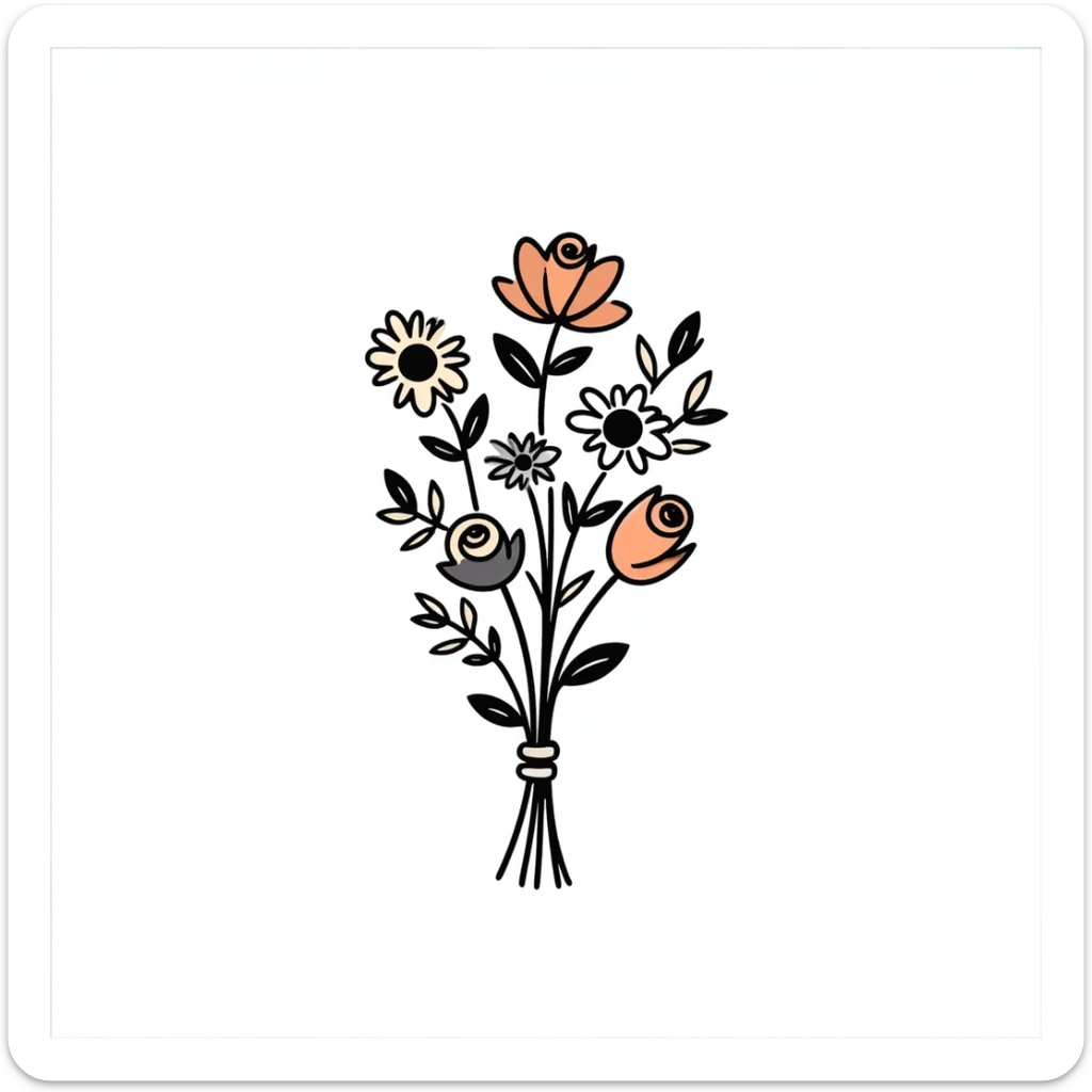 a hand-tied bouquet of assorted flowers with stems and leaves, pastel colors dd9fb0, ffc6d3, a3bfc9, c4bee2, f1b091, detailed hand-drawn doodle style sticker