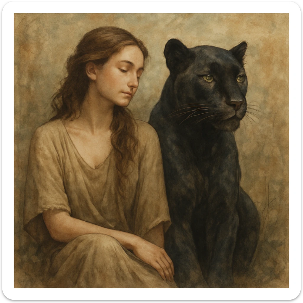 a calm woman and a panther sitting together, harmonious, detailed, artistic sticker
