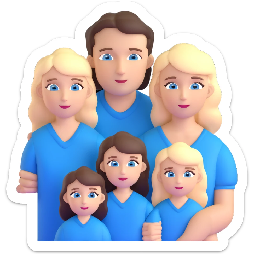Family portrait with father with dark brown hair and blue eyes, mother with light brown hair and blue eyes, three blonde little girls with blue eyes sticker