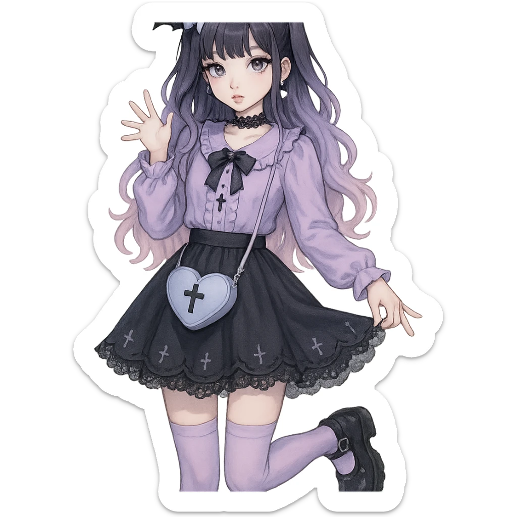 gothic K-pop girl, dreamy pastel goth style, soft colors with gothic details, whimsical pose, cute accessories sticker