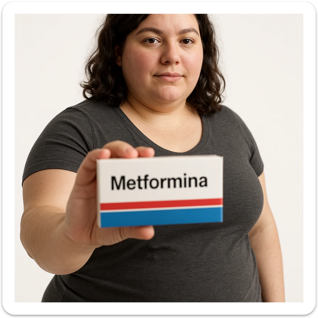 Hyperrealistic 4K vertical 9:16 image of an overweight woman or woman with PCOS standing on a white isolated background, holding a box of Metformin with the word 'Metformina' clearly visible and realistic in the foreground, confident expression. sticker