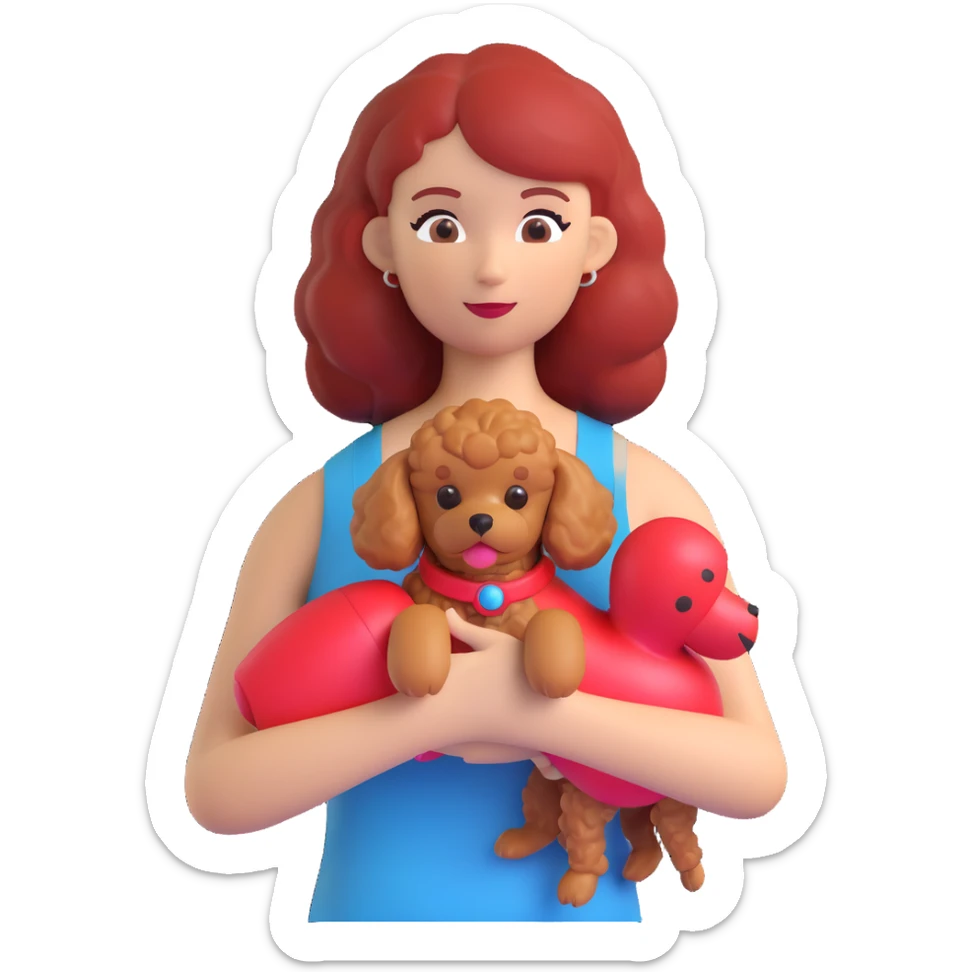 a friendly and casual woman wearing a tank top with a red toy poodle sticker