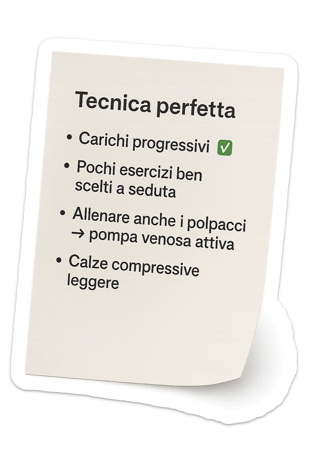 FOGLIO DI CARTA PER L'ALLENAMENTO IN PALESTRA CON LA SCRITTA "Tecnica perfetta
 ✅ Carichi progressivi
 ✅ Pochi esercizi ben scelti a seduta
 ✅ Allenare anche i polpacci → pompa venosa attiva
 ✅ Calze compressive leggere" , IPERREALISTICA 4K sticker