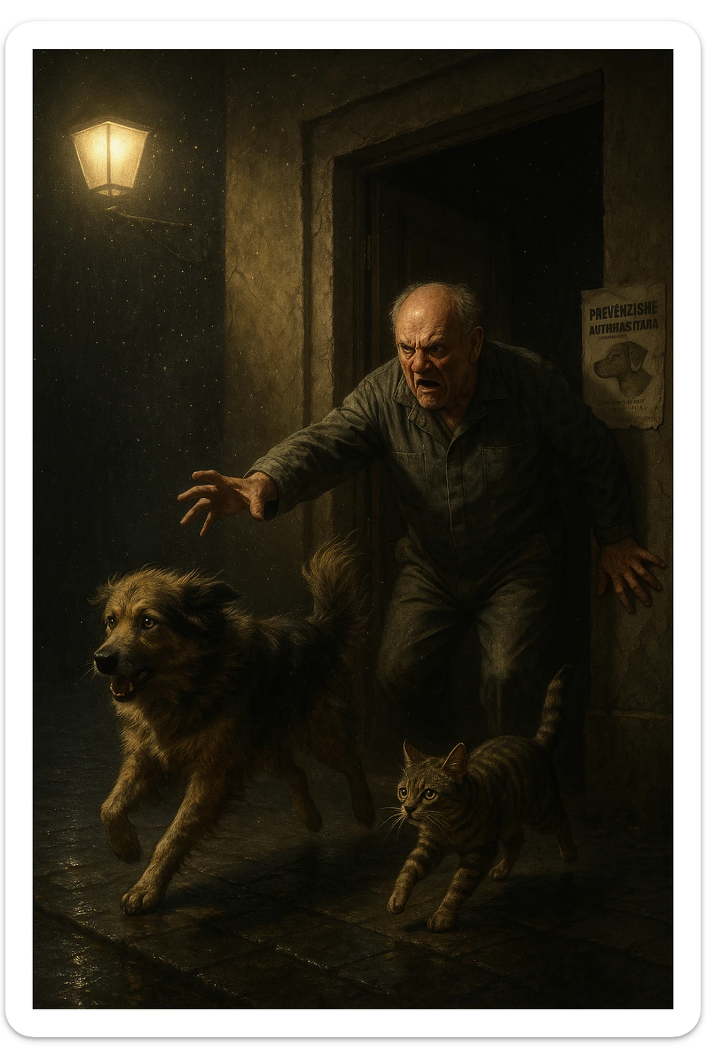 Un uomo anziano in tuta da lavoro, con espressione arrabbiata, butta fuori i suoi animali con aperta la porta di casa mentre il suo cane (un meticcio a pelo lungo) e il gatto (soriano) scappano nella strada buia sotto la pioggia. Particelle di polvere/pulci fluttuano nell'aria illuminata dal lampione. Sullo sfondo, un poster strappato del veterinario con scritto 'Prevenzione antiparassitaria'. Stile fotorealistico, illuminazione Caravaggesca, toni grigi e ocra. in italiano sticker