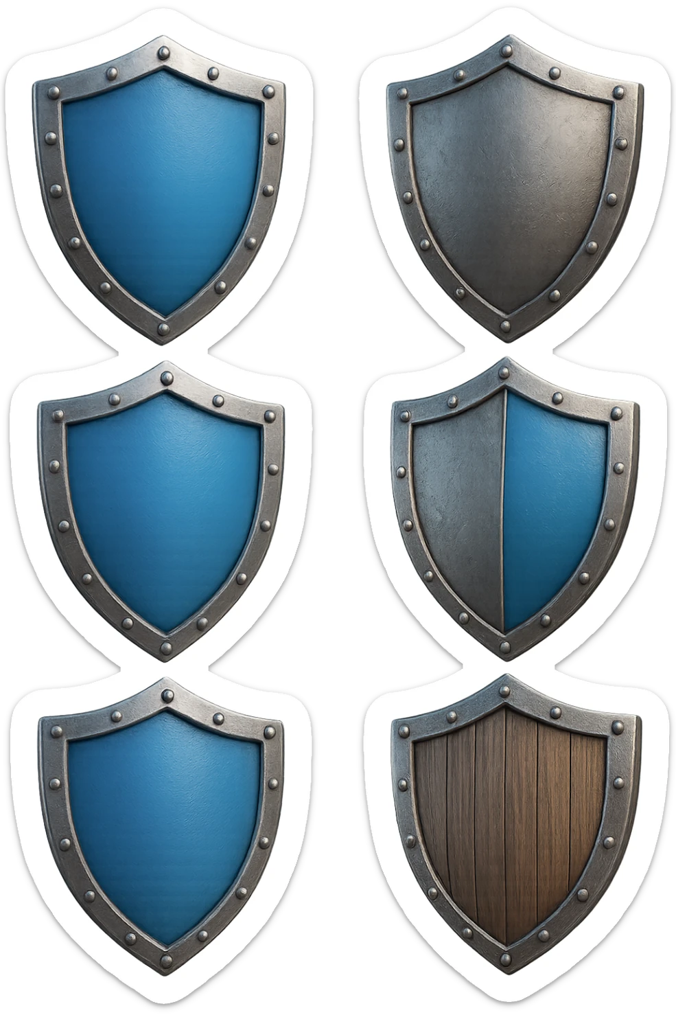 6 scudi 3d che simboleggiano "difesa e protezione", realistici in 3d fluttuano in aria, iperrealistico 4k sticker