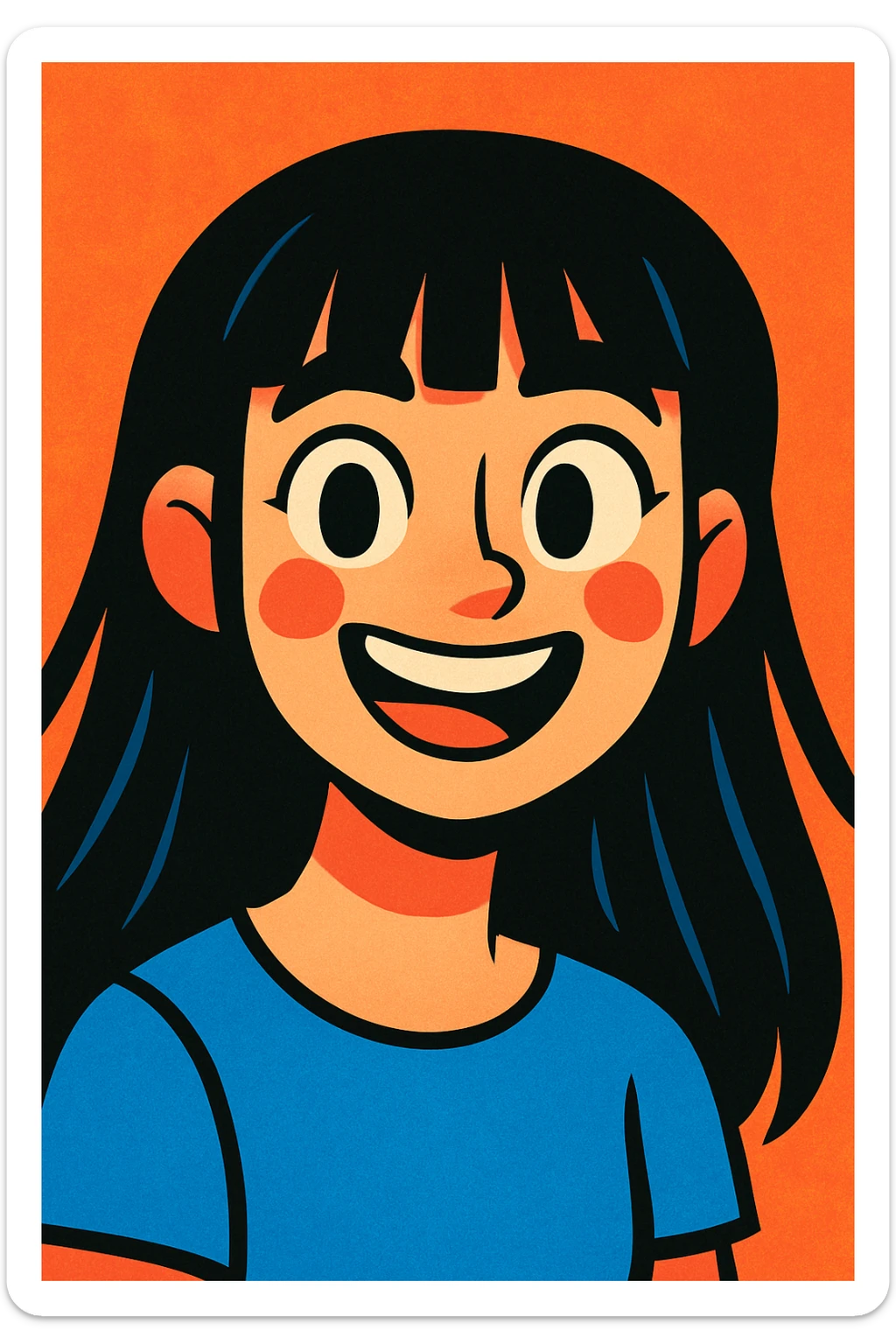 portrait of a pretty white girl with long black hair and thick bangs, cheerful mood, vibrant toon style sticker