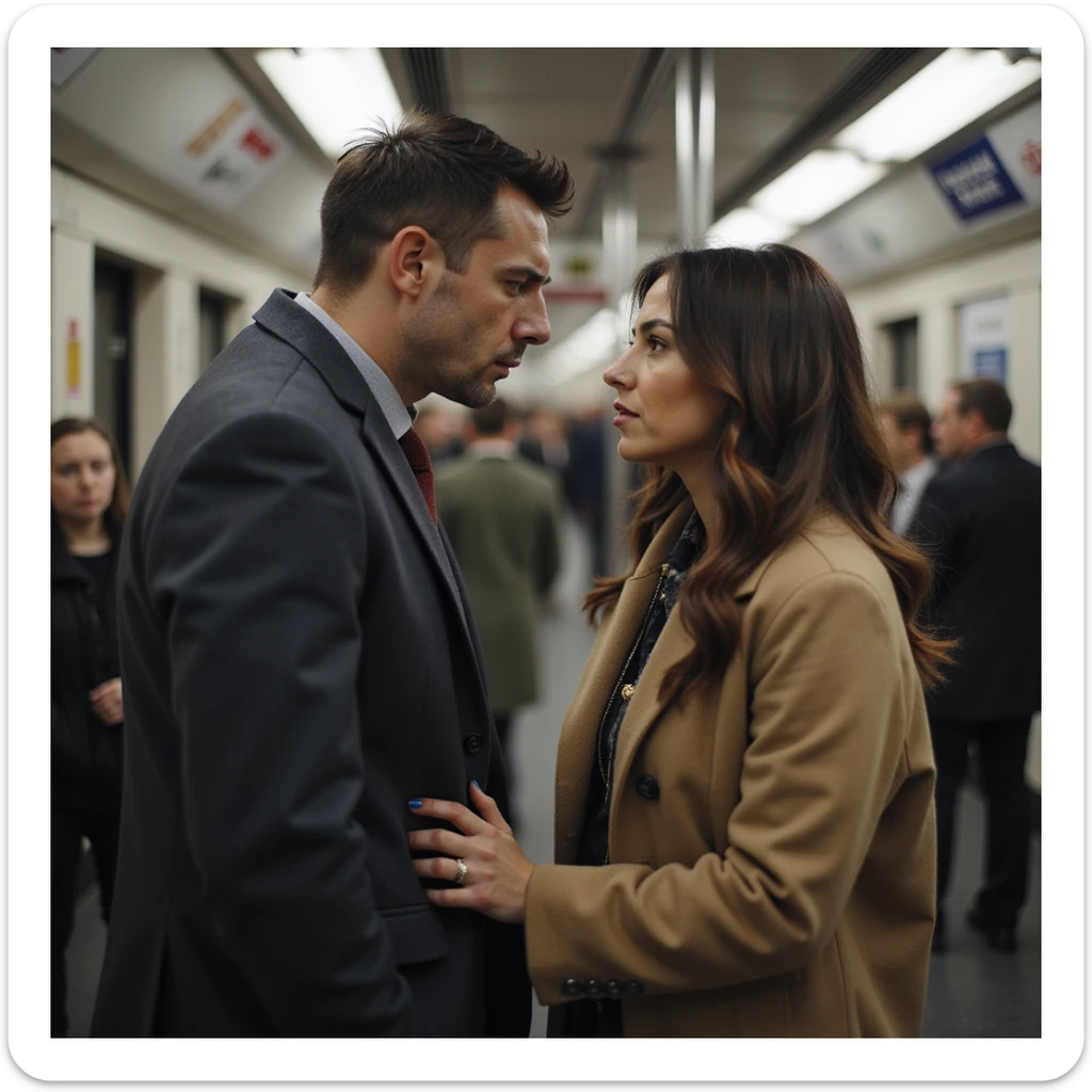 Man pretending to be weak, leaning exaggeratedly on a woman accompanying him, looking at her to see her reaction, public environment, hyperrealistic 4K details sticker