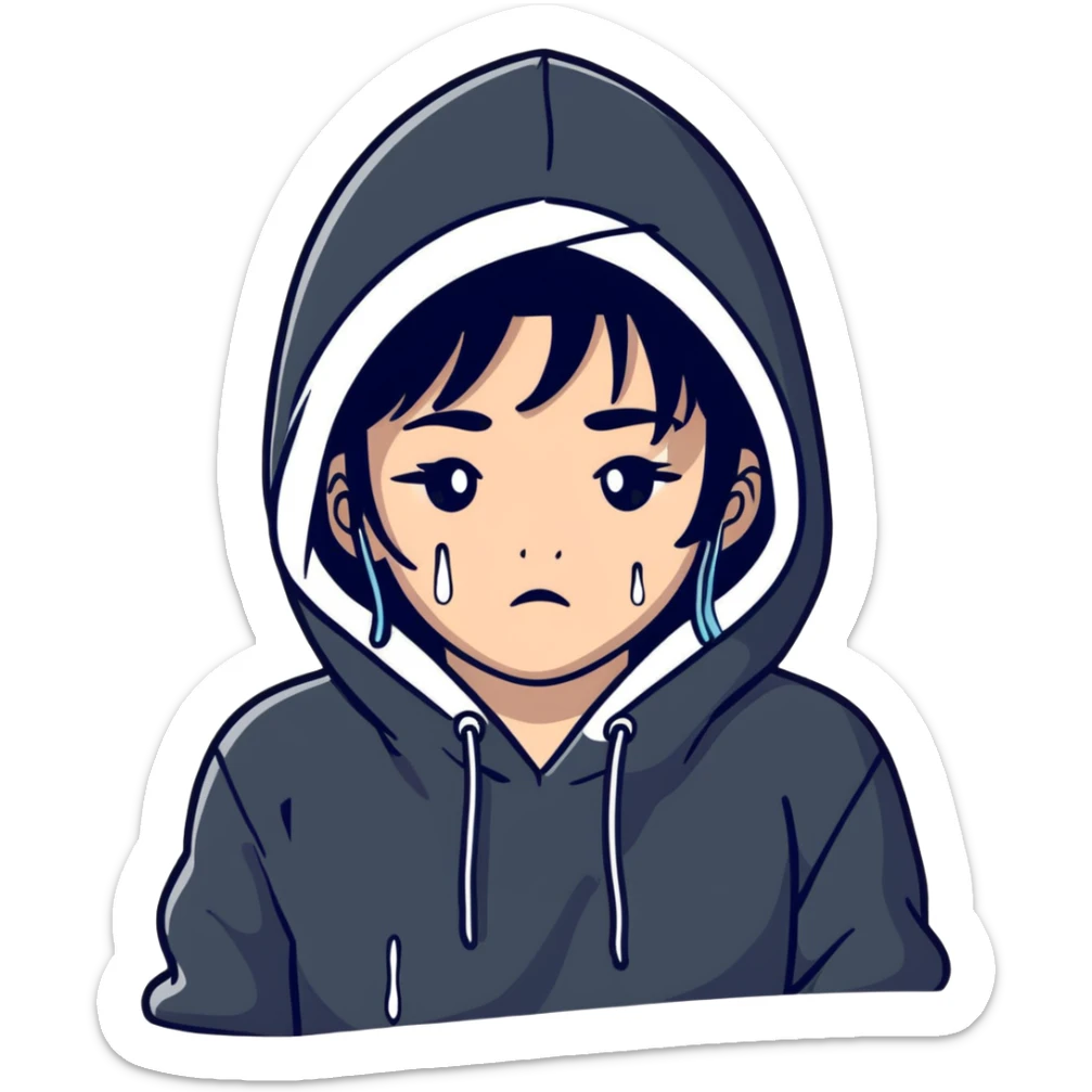 girl with black hair in black hoodie with tears streaming down her face sticker
