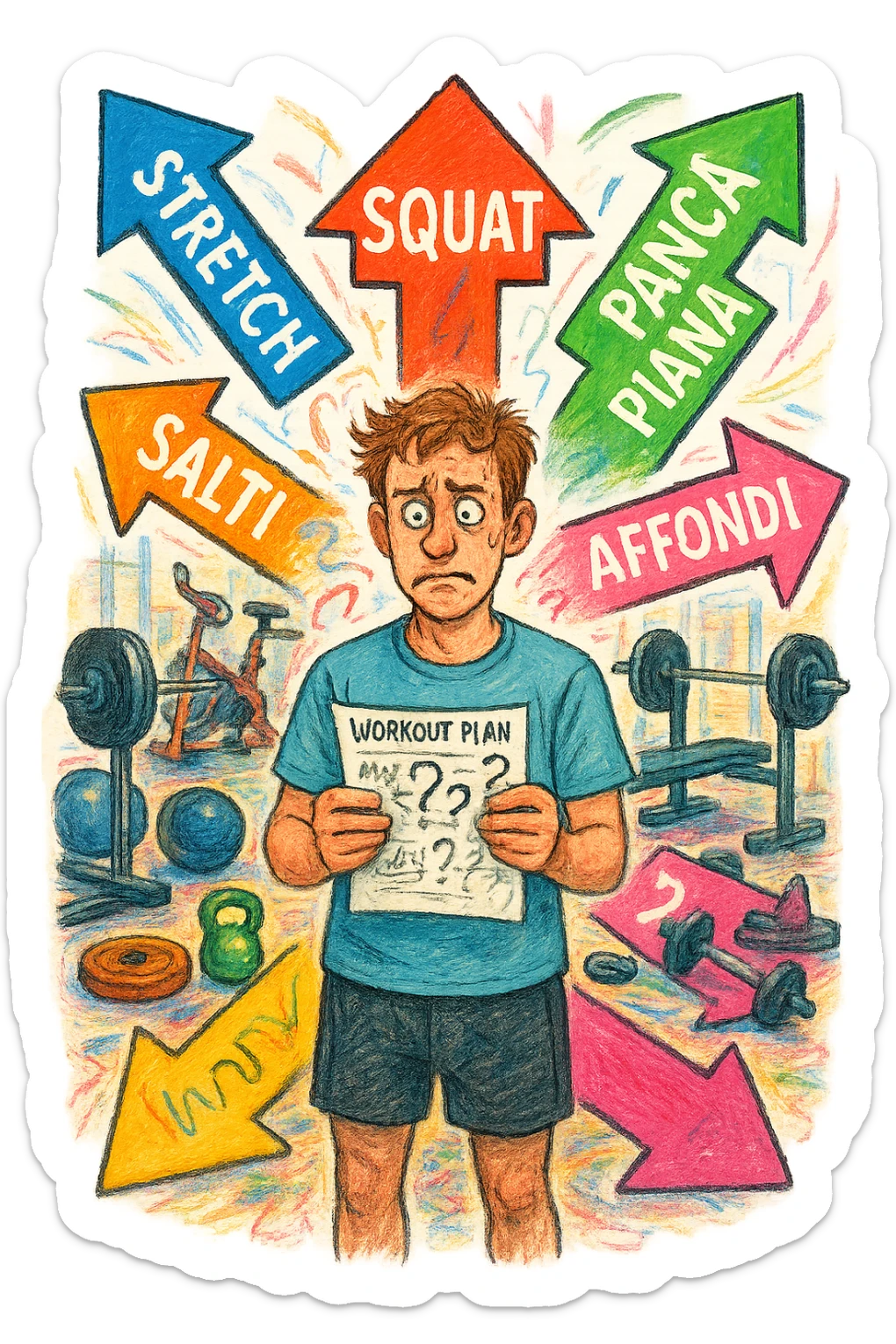 a person stands in the center of a gym, surrounded by arrows pointing in all directions, each labeled with a different exercise (e.g., “squat,” “Salti,” “stretch,” “Panca Piana”). The person looks bewildered, holding a workout plan with scribbles and question marks. The scene is colorful but visually messy, symbolizing confusion. in italiano immagine iperrealistica sticker