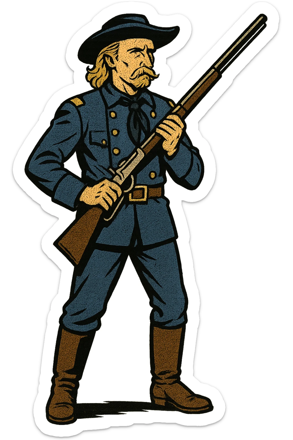 The full body of a US Army soldier who looks like General Custer from the 1880s wearing a blue uniform and holding a rifle sticker