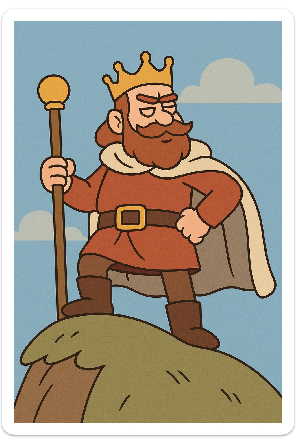a proud king standing on top of a small hill, wearing a crown and holding a scepter, blue sky background, cartoon style sticker