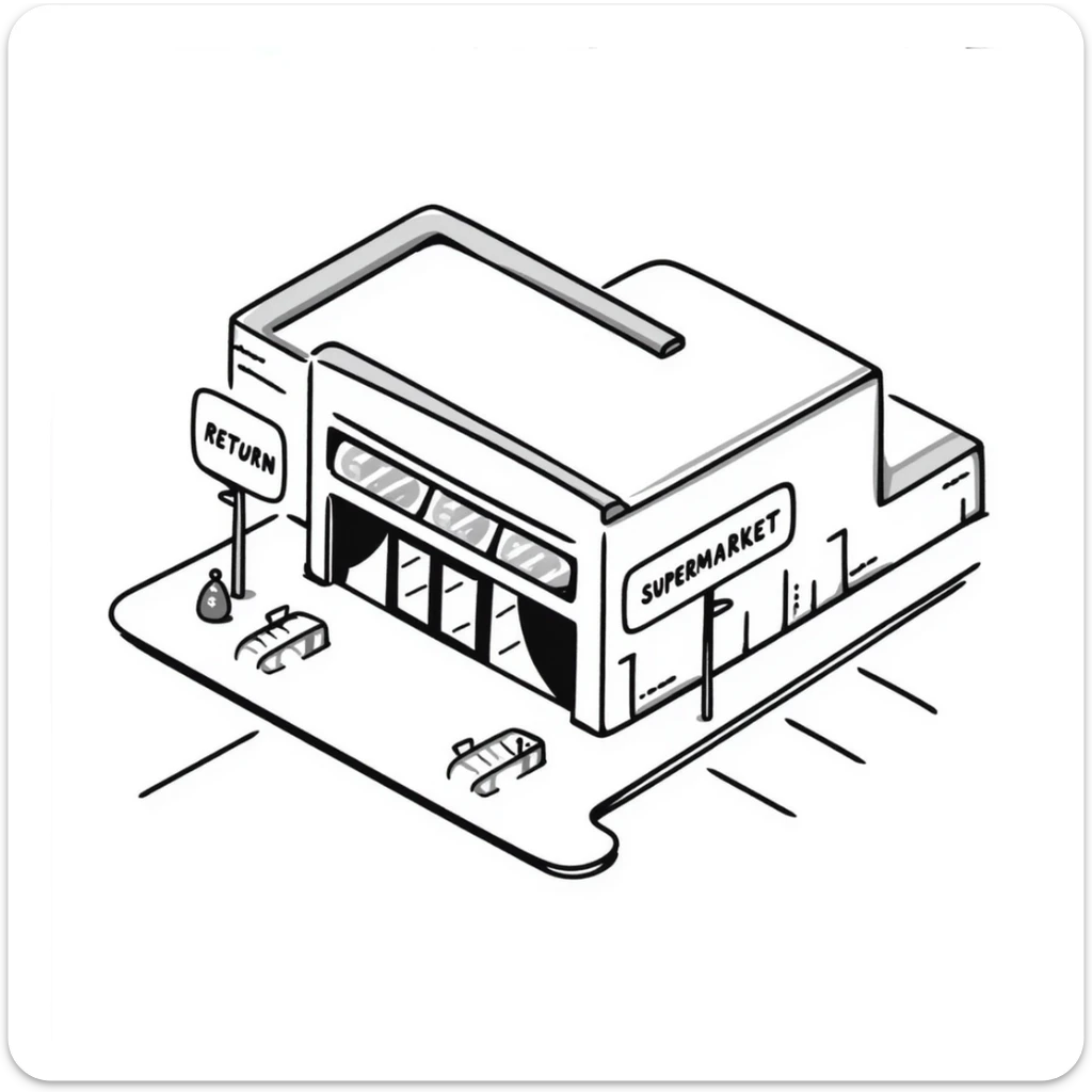 Isometric supermarket building with glass entrance, shopping cart return areas, and parking spaces sticker
