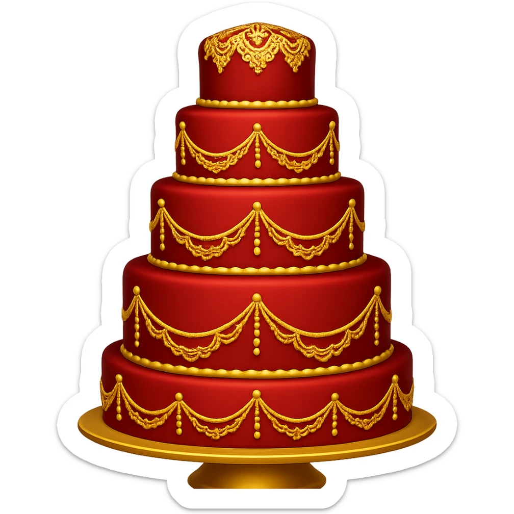 Add gold accents to the elegant red wedding cake with lace details. Keep the background transparent. The style is emoji style with concise and simple details. sticker