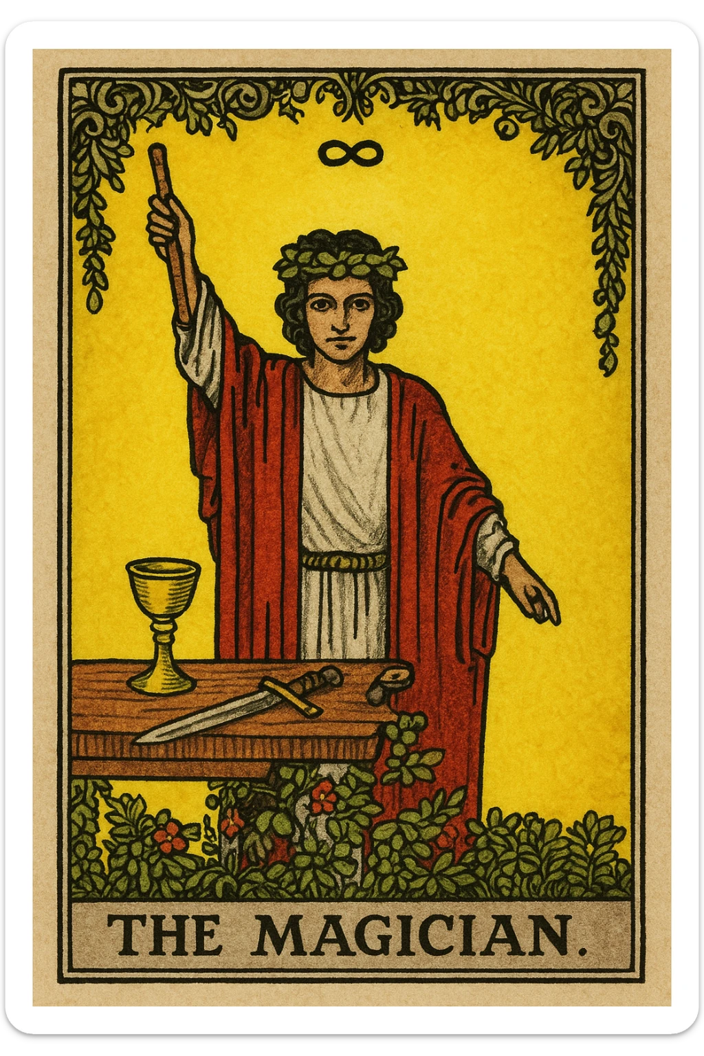 The Magician tarot card, close-up, Rider Waite Smith style, mystical atmosphere, holding a wand, table with cup, sword, pentacle, yellow background, ornate border. sticker