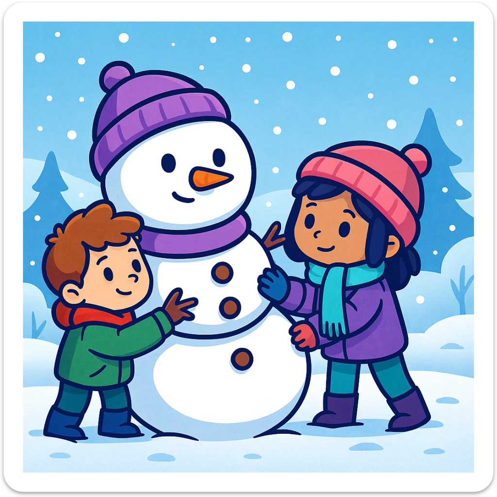 Show two different kids (different hair and clothing colors) building a snowman in a snowy background, keep the sticker style sticker