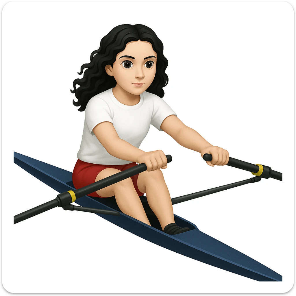 Altındaki tekneyi olimpik kürek sporu için uygun, uzun ve ince yarış teknesi olarak değiştir. Kız siyah uzun dalgalı saçlı, beyaz tenli, kırmızı şort ve beyaz kısa kollu tişörtle olimpik kürek sporu yapıyor sticker