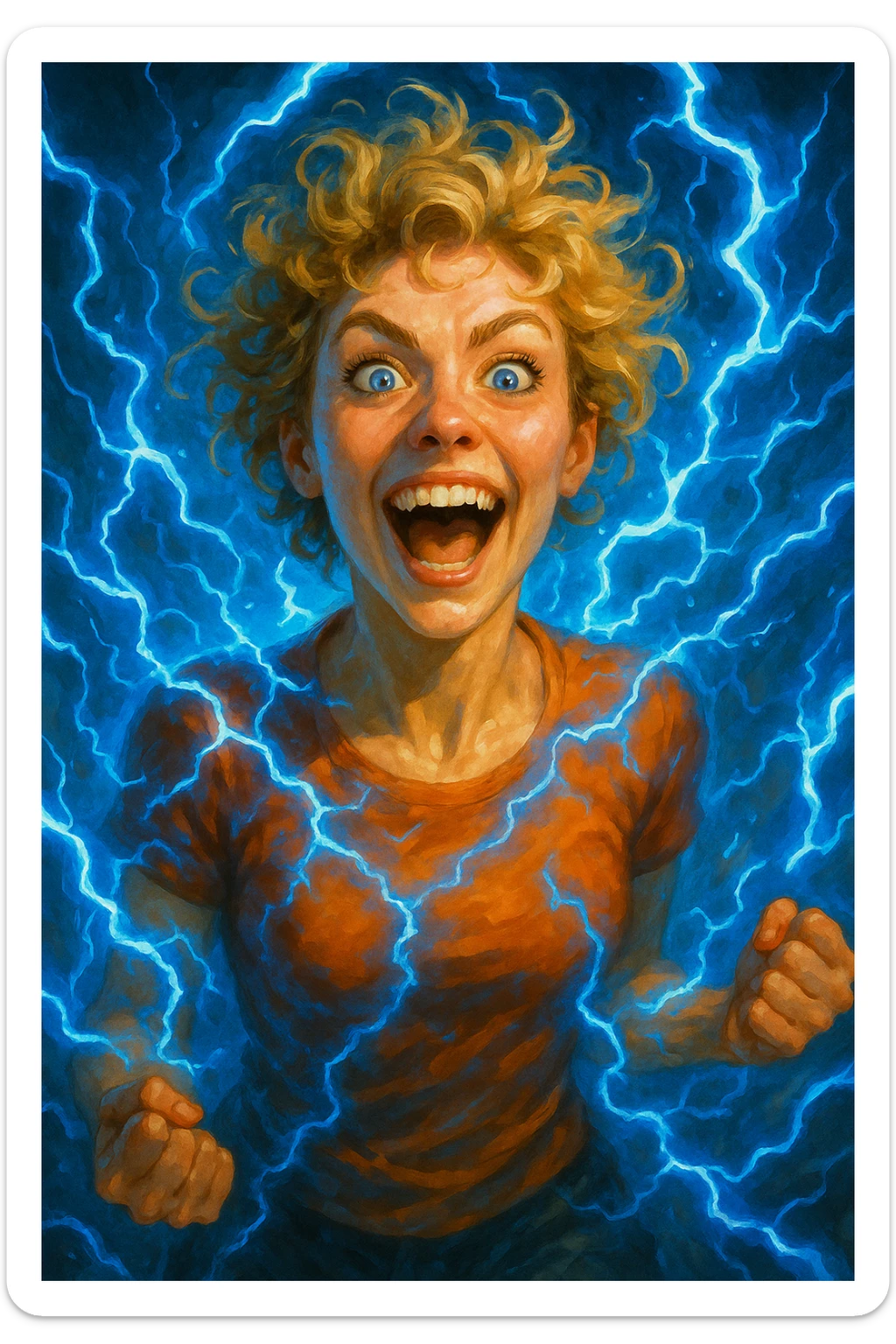 a woman with short curly blonde hair, blue eyes, and blue electricity surrounding her, dynamic and energetic expression sticker