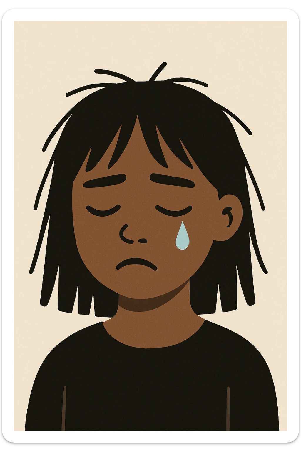 minimal flat style sad crying black girl with straight messy hair, single tear sticker