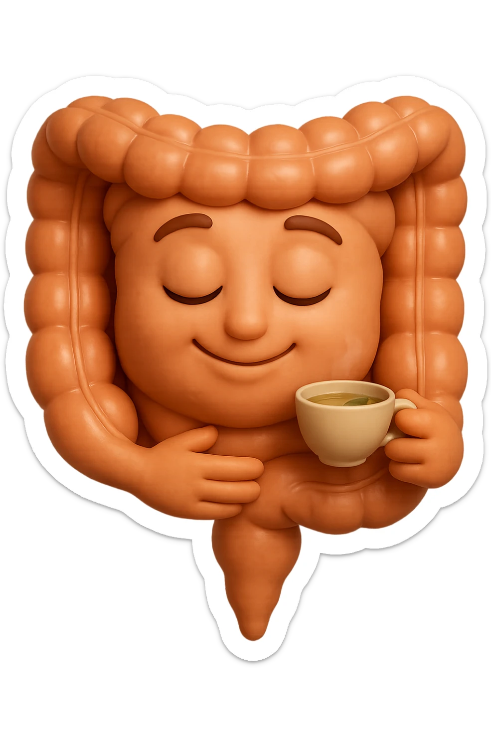 emoji stile iphone 3d di intestino umano sereno che si tocca la pancia mentre sorseggia un thè alle erbe, iperrealistico 4k sticker
