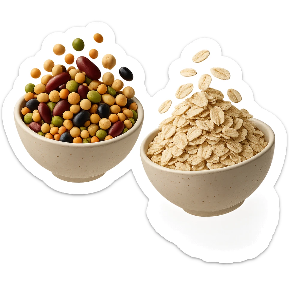 BOWL DI LEGUMI FLUTTUA IN ARIA INSIEME A BOWL DI FIOCCHI DI AVENA,  iperrealistico 4k sticker