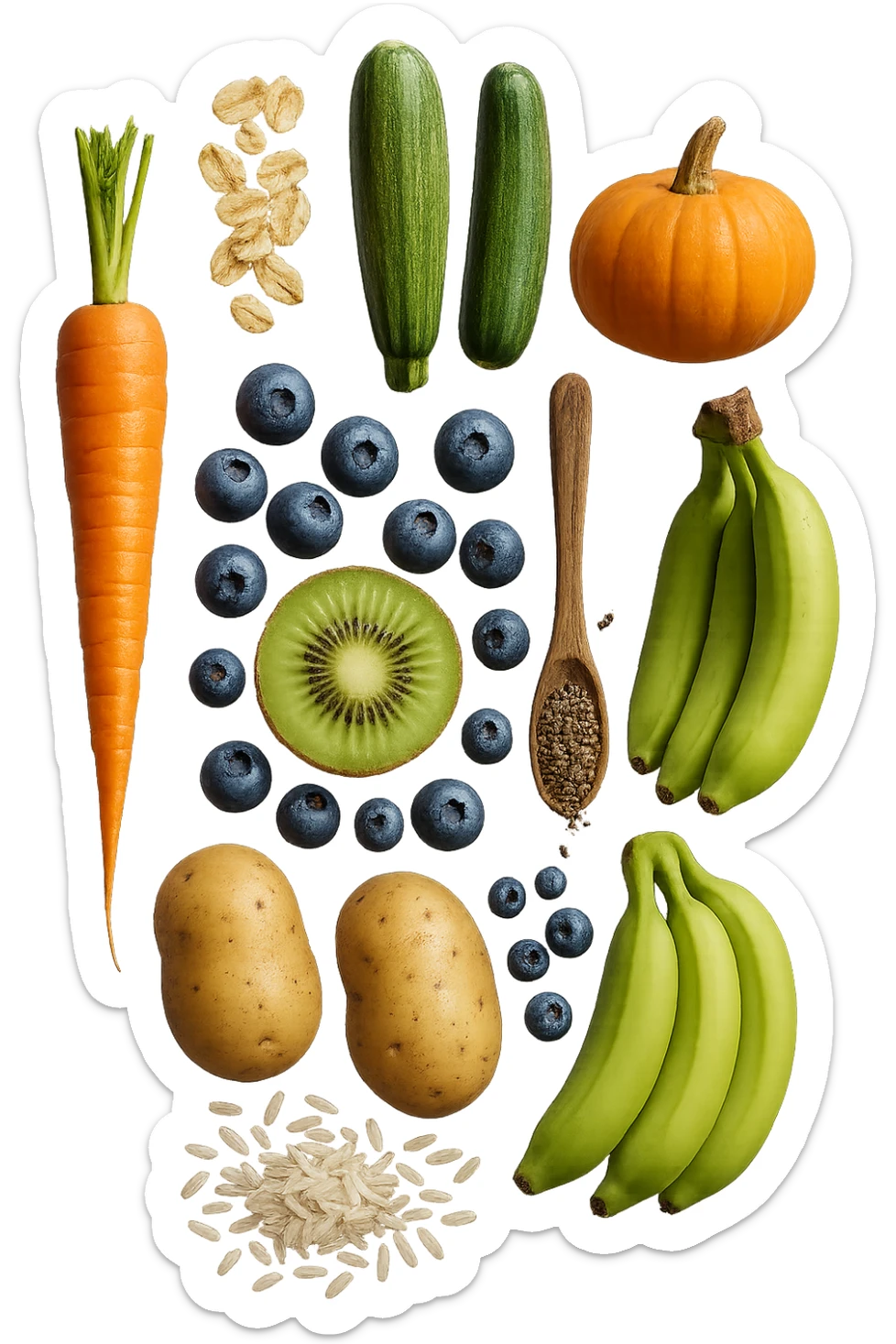 carota, fiocchi di avena, zucchine, kiwi, mirtilli, semi di chia, patate, banane acerbe, zucca, riso fluttuano in aria verticalmente, iperrealistici 4k sticker