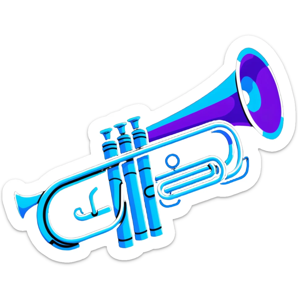 trumpet horn with neon glow effect, blue neon glow on top left, purple neon glow on bottom right sticker