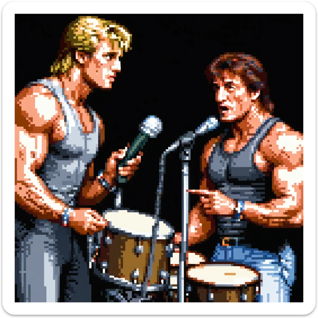 a SNES box art image of dolph lundgren on the mic and sylvester stallone on the drums cutscene graphic - 3/4 side perspective sticker