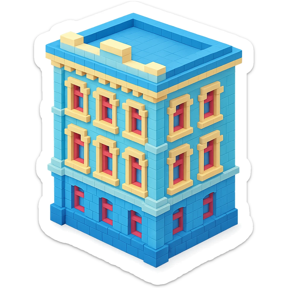 old Saint Petersburg building, blue pastel facade, decorative cornices, isometric view sticker