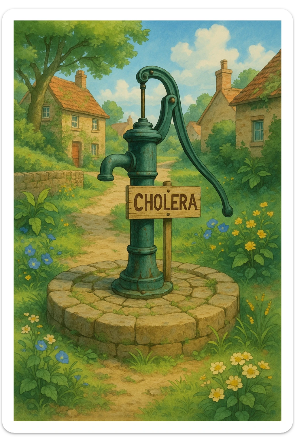 a classic water pump as the source of cholera, inspired by the 1854 Broad Street outbreak, in Ghibli style sticker