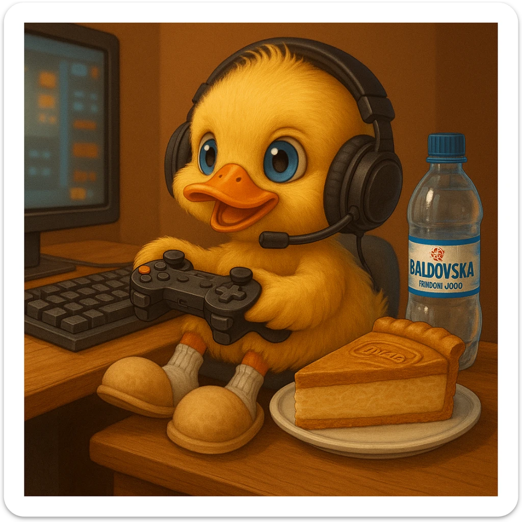 Make the slippers beige, change the cheesecake to lotus flavor, and add a gaming headset to the duck, keeping the style and all other details the same as the original image. sticker