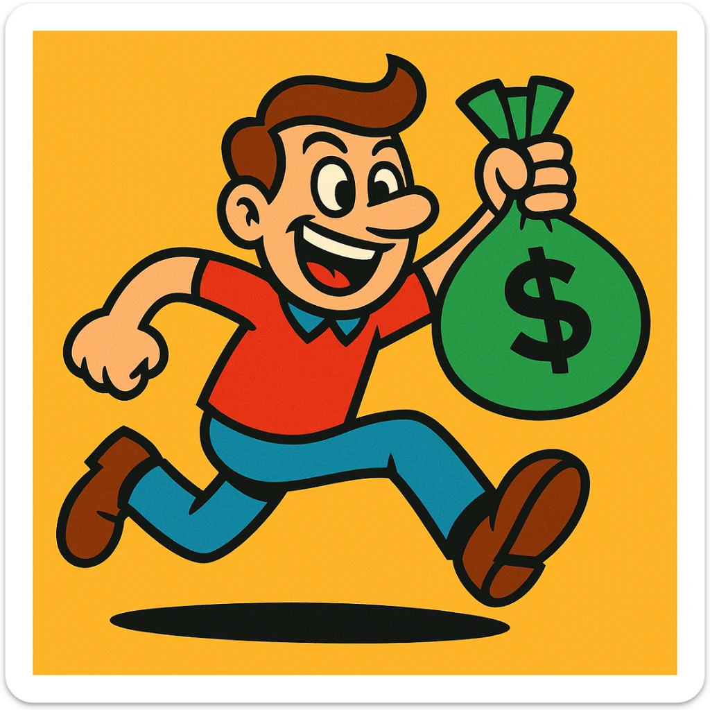 a cartoon character running away with a bag of money, energetic pose sticker